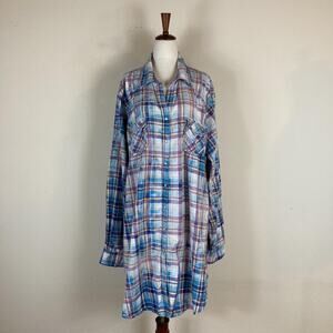 A Rare Bird Dress 2XL Blue Colorful Plaid Rhinestone Western Snap Long Tunic